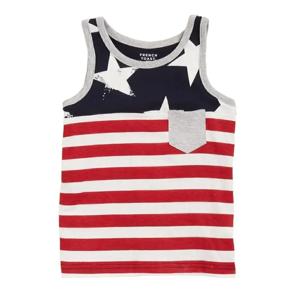 New! French Toast Toddler Boy's Cotton American Patriotic Stars Pocket Tank Top - Picture 1 of 3